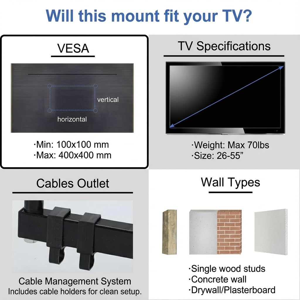 Full Motion TV Wall Mount for 26-55 inch TVs, up to 99lbs and VESA 400x400mm, Wall Mount TV Bracket with Articulating Swivel Extension Tilting