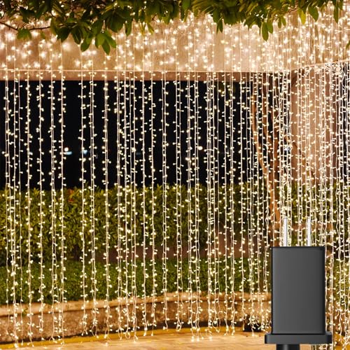 Solhice LED Curtain Lights Outdoor 20ft x10ft, 600 LED Plug in Hanging String Lights Indoor Bedroom, Twinkle Light Backdrop for Outside Wedding Decor