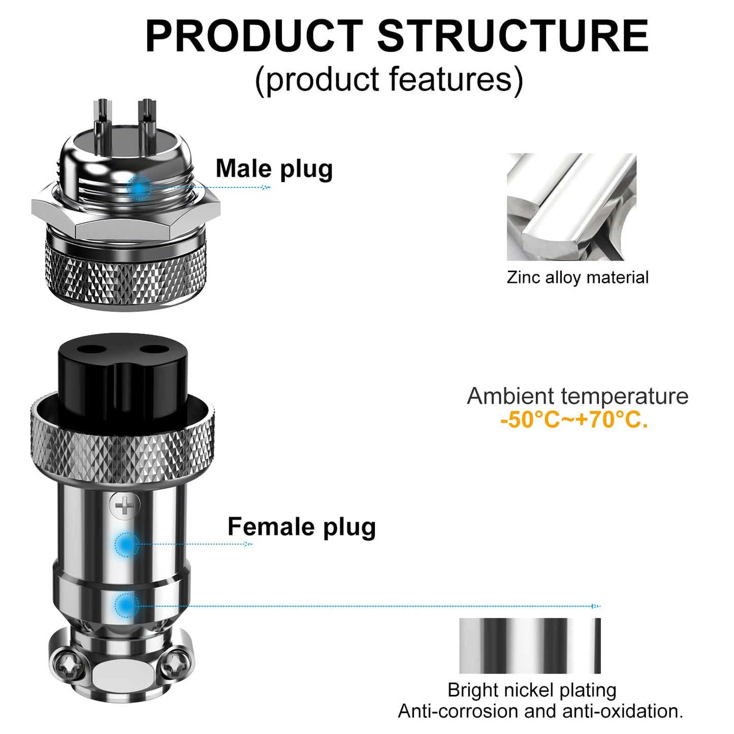 DIYhz GX16 2 Pins Panel Metal Mount Circular Metal Aviation Connector Adapter Male Female Plug Socket (5 Pcs)