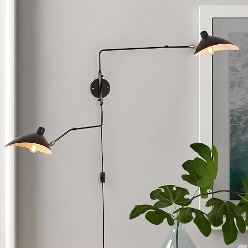Modern Swing Arm Plug In Wall Lamp, Adjustable Industrial Wall Sconces For Bedroom Bedside, Retro Cordless Beetle-Shade Wall Light Fixtures For Living