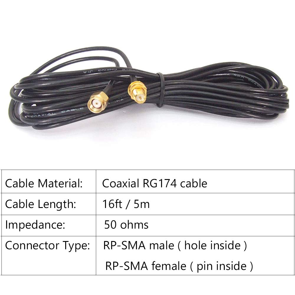 EJOYS 16ft WiFi RP-SMA Coaxial Extension Cable for WiFi LAN WAN Router RG174 Antenna Extension Cable