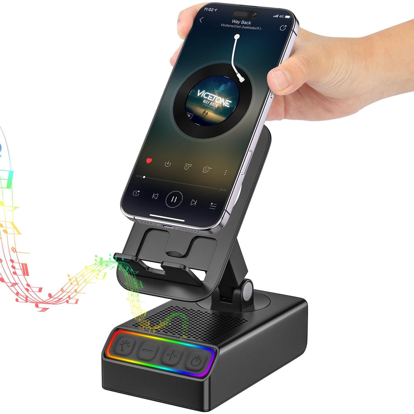 Enfriliv Wireless Induction Audio Bluetooth Speaker 5in1 Phone Holder Emergency Rechargeable with Colorful Ambient Light 300° Foldable for Tablet