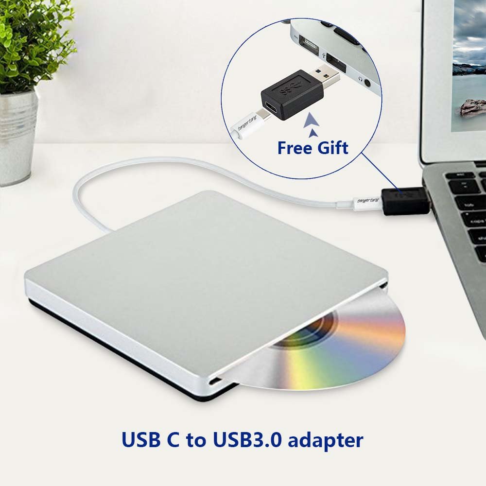 tengertang Portable USB?C External CD/DVD Drive ? USB?A Converter Included | Plug & Play for MacBook Pro/Air, Windows & Linux | CD/DVD Reader, Writer