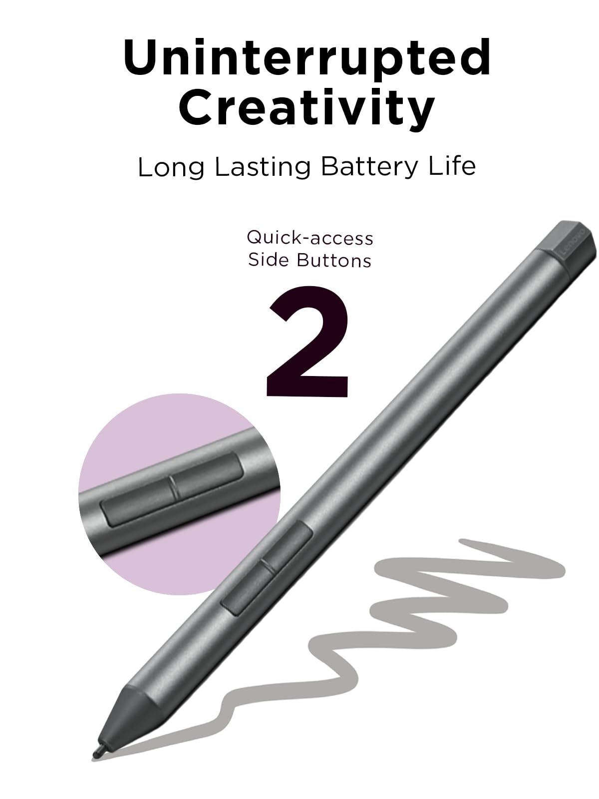 Lenovo Digital Pen 2 (Laptop) - Ultra-Tactile Response - 4,096 Levels of Pressure - Natural Feel Elastometer Pen Tip - Extended Battery Life - Silver