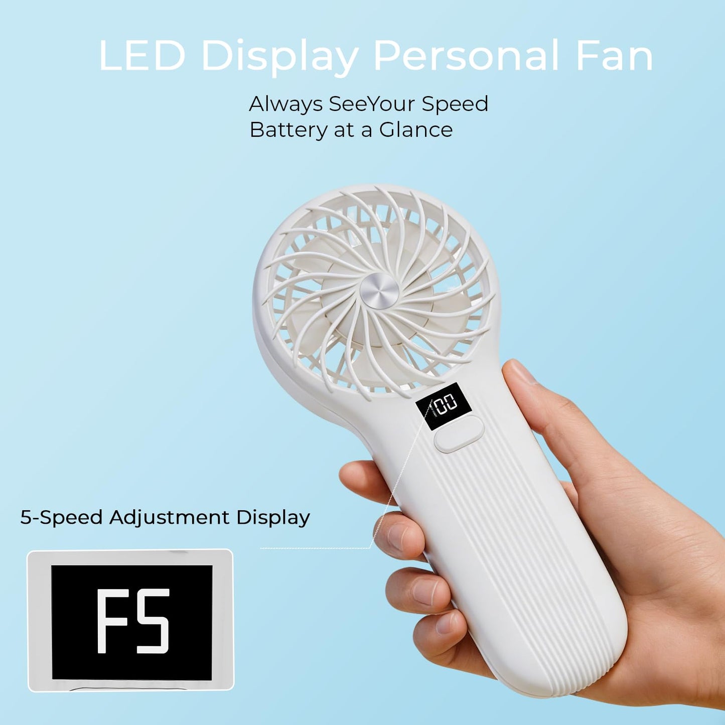 LAMJIE Portable Handheld Fan with LED Display, 5000mAh Rechargeable Battery, 3-Speed Touch Control, Plastic Desktop Fan for Home Office, Modern