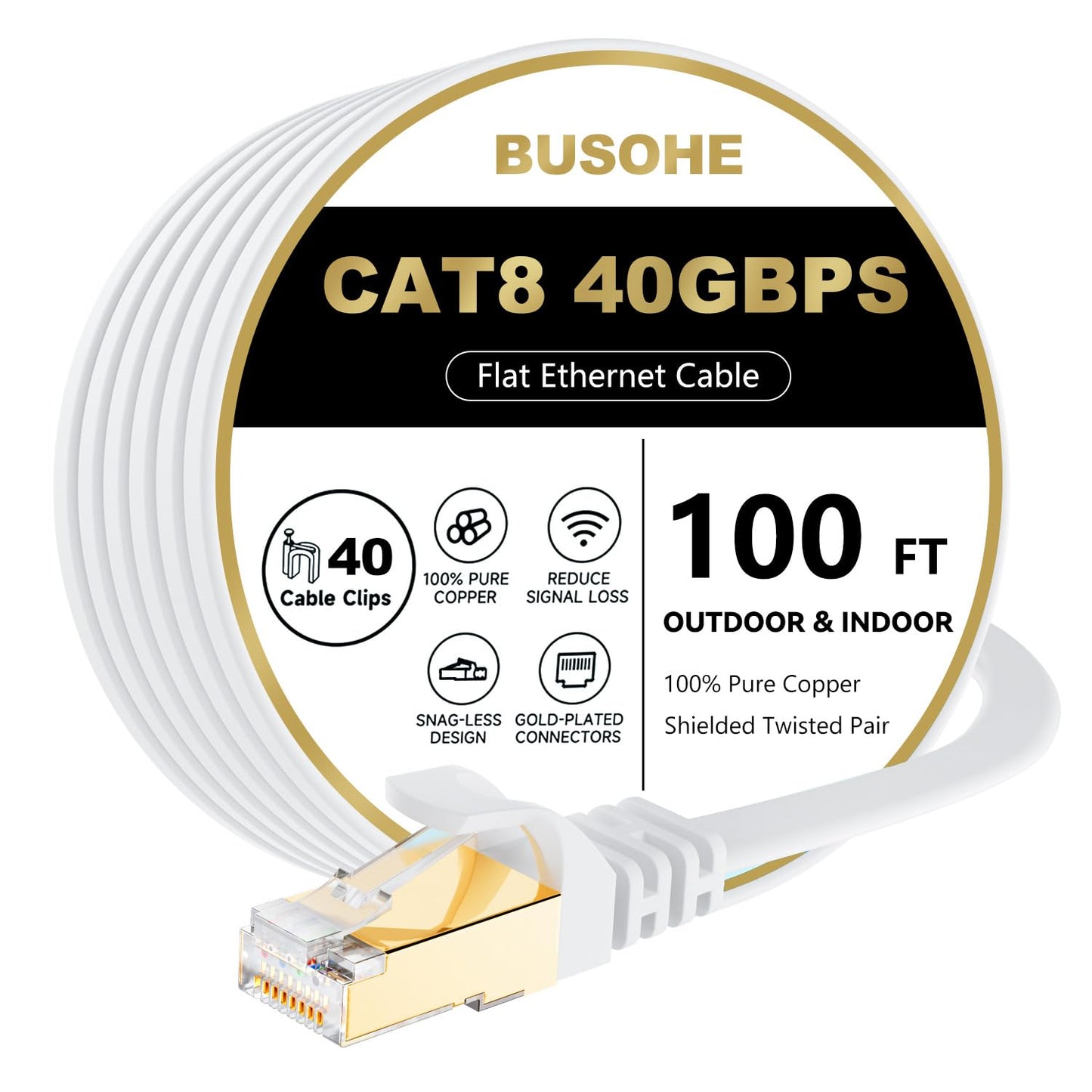 BUSOHE Cat 8 Ethernet Cable 100 FT, 40Gbps 2000Mhz High Speed Flat Cat8 Cable Patch Cord with Gold-Plated RJ45 Connector, LAN Network Internet Cable