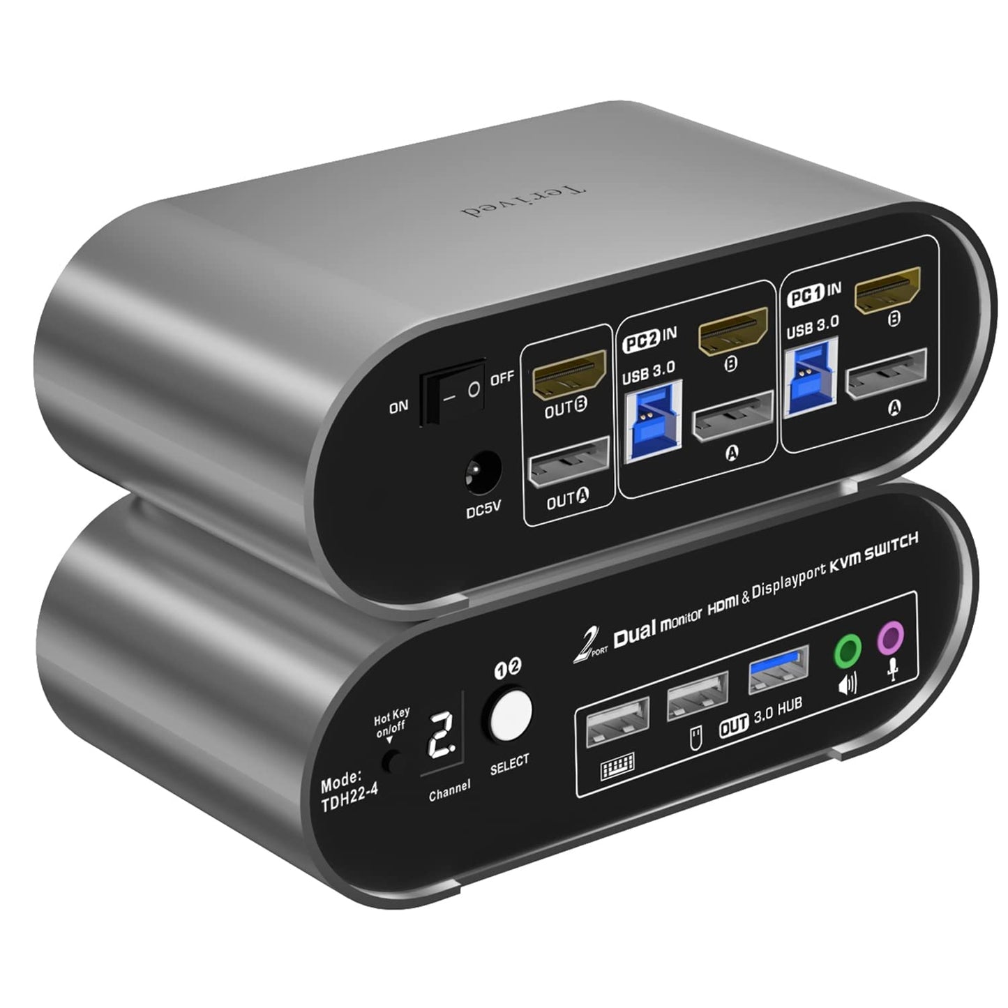 Terived HDMI(4K144Hz)&DP(4K60Hz) Monitor KVM Switch 4K60Hz, Audio Microphone hotkey with Cables