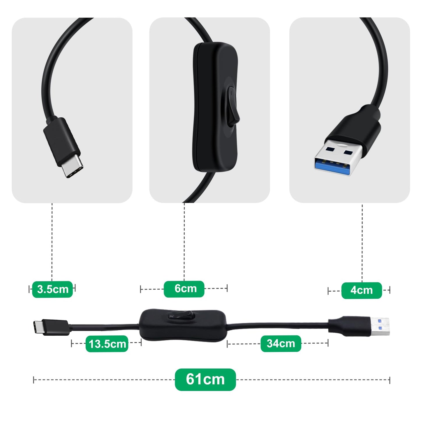 HuaLiSiJi USB C Cable with Switch USB 3.0 to Type C Charger Cable with On Off Switch Supports 5Gbps Data Transmit and Power Supply, for Laptops, PC