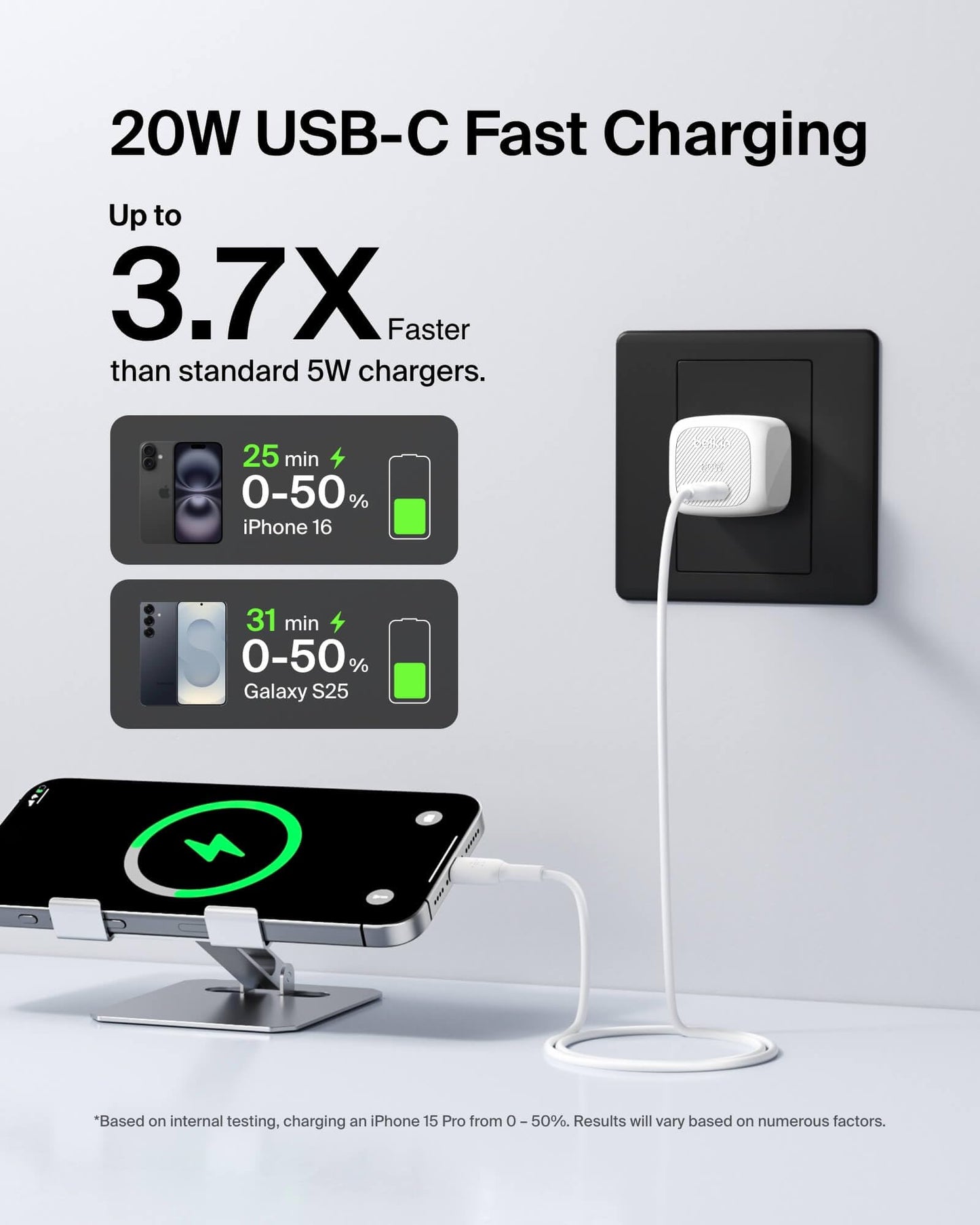 Belkin USB C Charger Block 20W, Fast Charging Block, Type C Wall Charger, USB C Cable Included Compatible w/Apple iPhone 17, Air, Pro, Samsung Galaxy