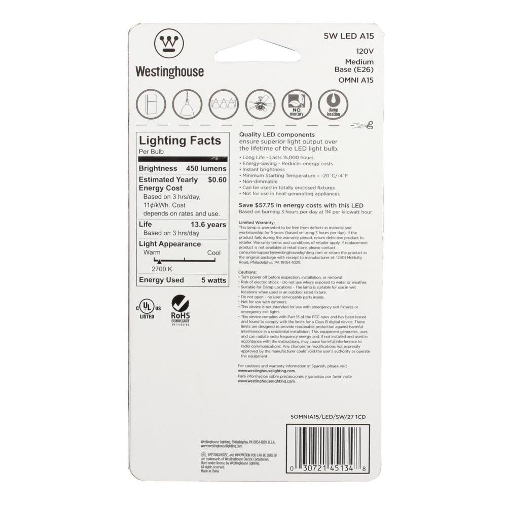 Westinghouse Lighting 4513420 40-Watt Equivalent A15 Soft White LED Light Bulb with Medium Base (4 Pack), 4-Pack