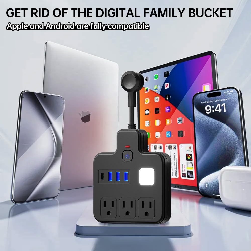 Short Extension Cord with USB Ports, Multi Plug Outlet Extender Surge Protector with 3 AC Outlets 4 USB (1 USB C 5V/1A), Flat Wall Charging Station