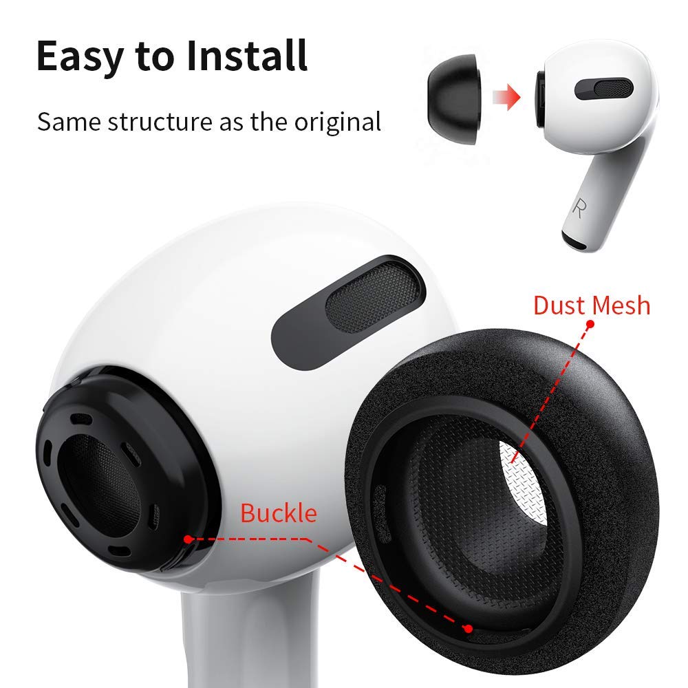 Lanwow Memory Foam Ear Tips for AirPods Pro 1st & 2nd Gen, 3 Pairs, Assorted S/M/L, Secure Fit, Black