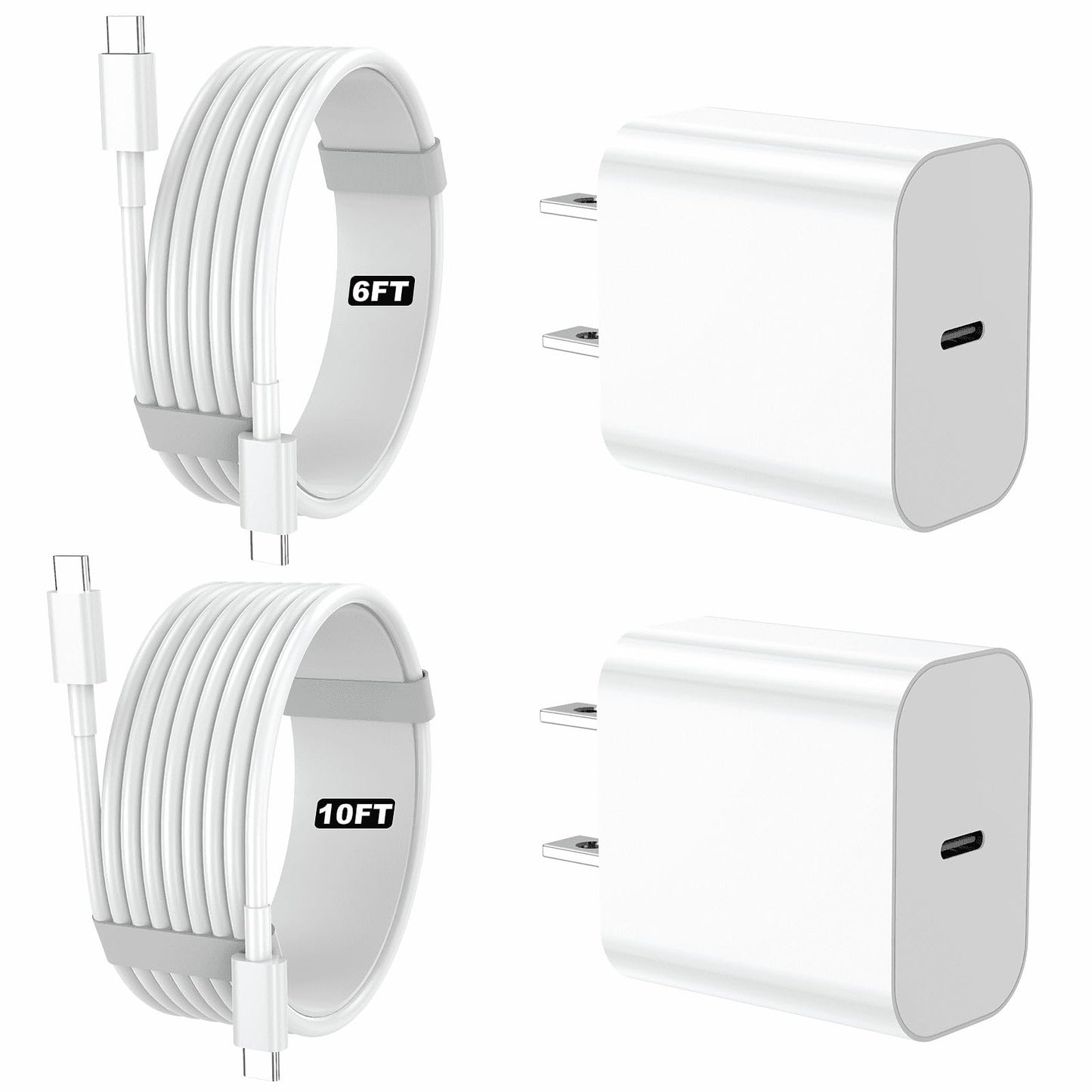 iPhone Charger, 2 Pack PD 20W Adapter Wall Fast Charger with 6&10ft White USB C Cable Compatible with iPhone17 16/15/iPad