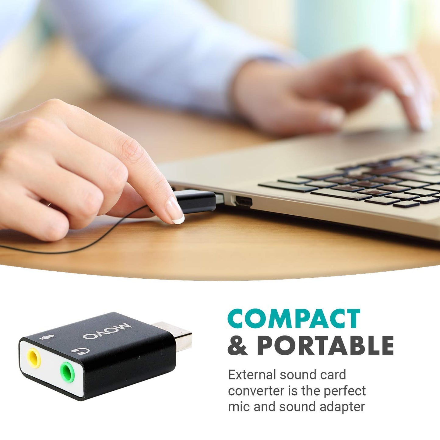 Movo USB-AC 3.5mm TRS Microphone to USB 2.0 Stereo Audio External Sound Card Adapter for PC and Mac. USB Sound Card Adapter for Computer or Laptop