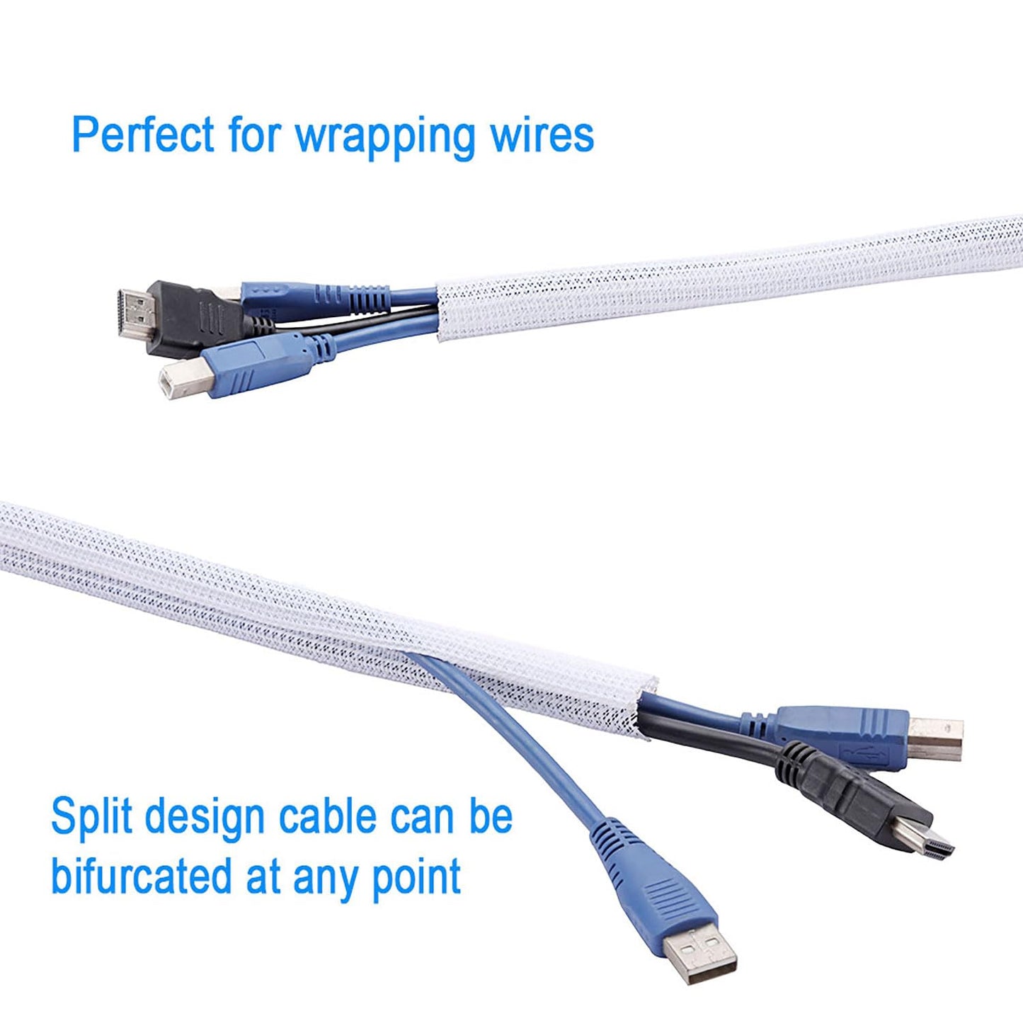 QCSIW 1/4" x50ft Split Sleeve Cable Organizer - Wire Protector Sleeving for Desk, PC, TV, Home Office | Cord Management Cover, Easy Install, White