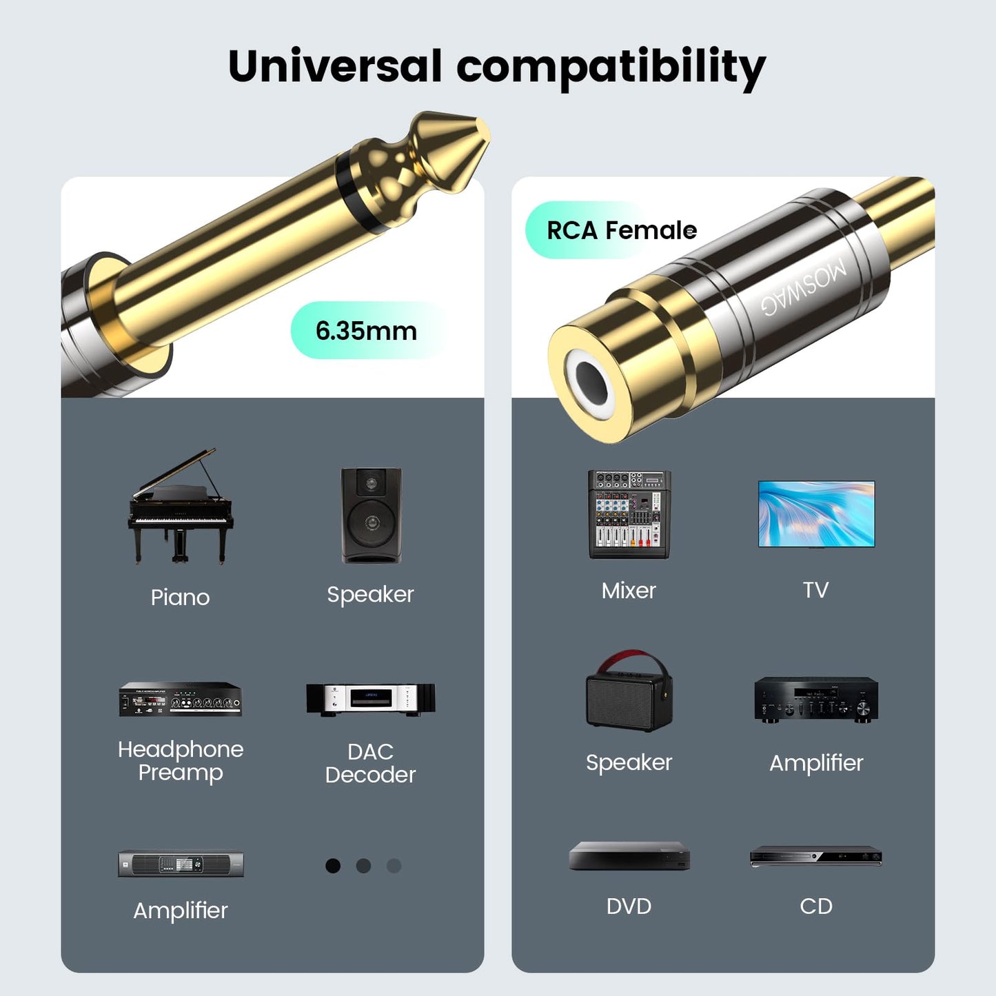 MOSWAG RCA to 1/4 Adapter,6.35mm 1/4 Inch Mono TS Male to Female RCA Audio Conversion Plug,Suitable for Home Theater Systems and Audio Equipment, Gold