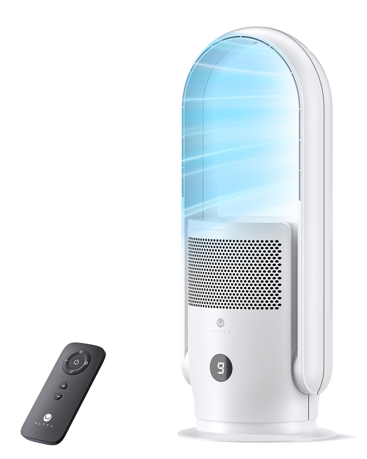 ULTTY Bladeless Tower Fan and Air Purifier Combo, Quiet Oscillating Fan with Remote & Touch Control, 9 Speeds, 8H Timer, HEPA Air Filter, Safe Floor