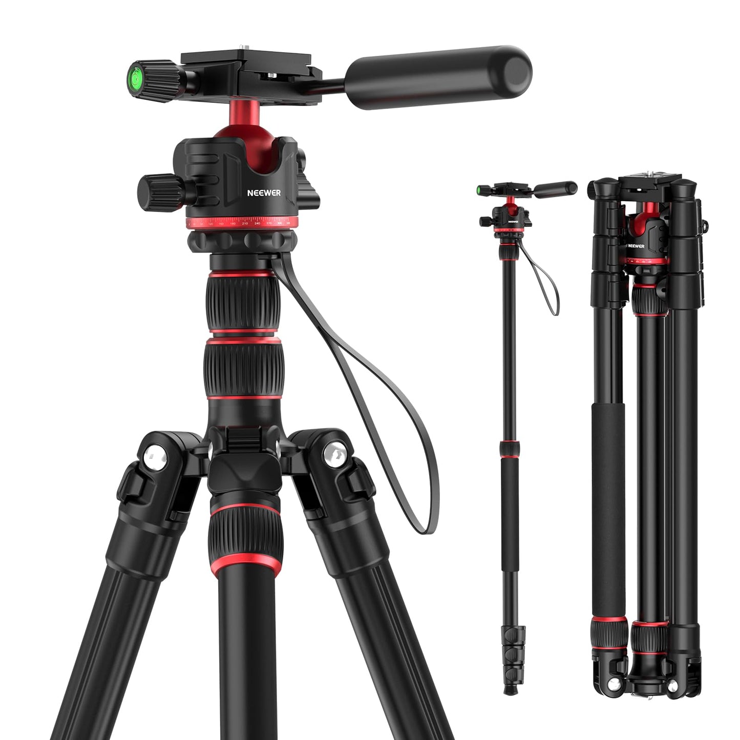 NEEWER Basics Camera Tripod Monopod, 77" Compact Lightweight Travel DSLR Video Stand, 360° Ball Head, Arca Type QR Plate, Reversible Legs & Inverted
