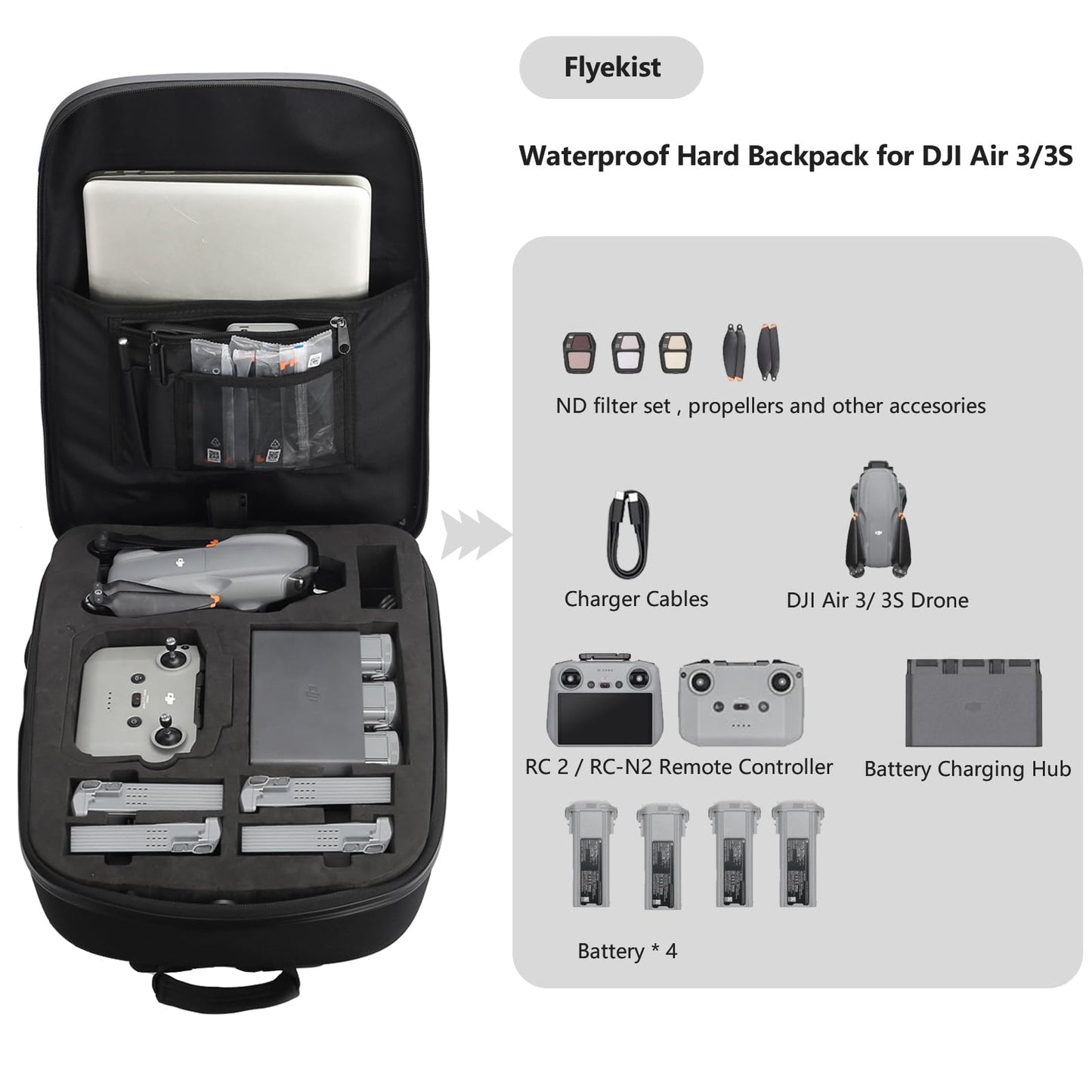 Flyekist Carrying Case for DJI Air 3S / Air 3,Waterproof Hard Backpack for DJI Air 3S / Air 3 Fly More Combo,RC 2/RC-N2 Remote Controller,Intelligent