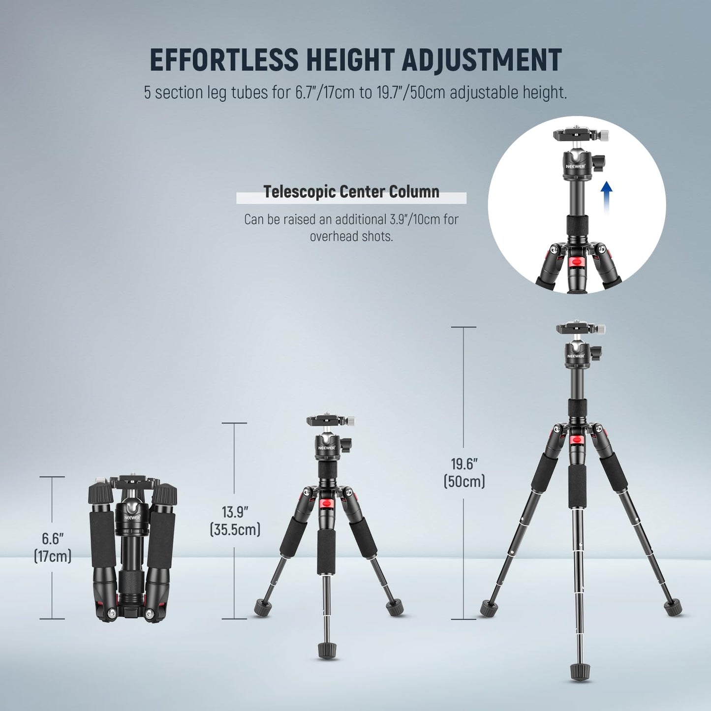 NEEWER Portable Travel Mini Tabletop Tripod, Aluminum Alloy 20''/ 50cm Desktop Desk Tripod with 360 Degree Ball Head, 1/4" Quick Shoe Plate for DSLR