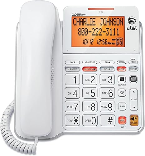 AT&T CL4940 Corded Answering System with Backlit Display, White, Display Dial, Mute, Last Number Redial, Flash, Clearspeak Dial-in-Base Speakerphone
