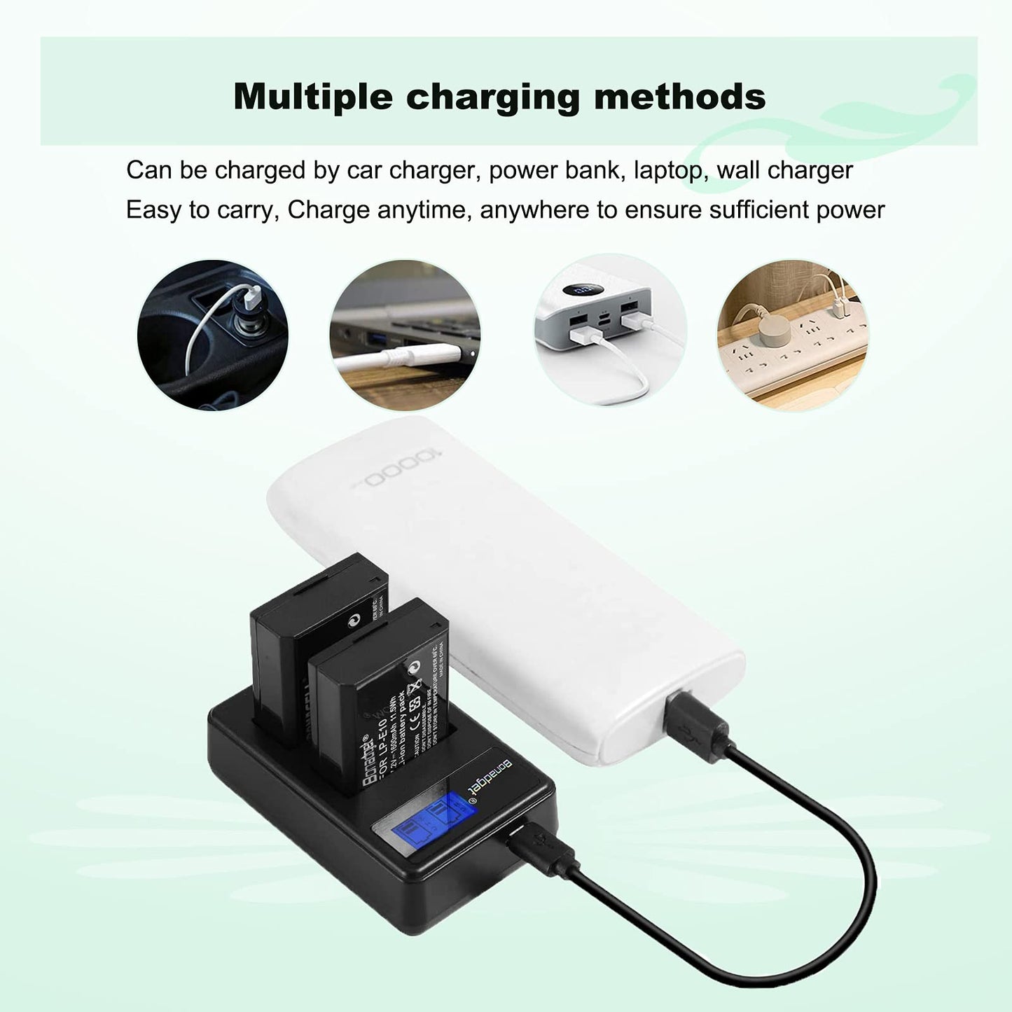 2Pack LP-E10 Battery and Charger for Canon Battery EOS Rebel T3 T5 T6 T7 T100 Kiss X50 X70 X80 X90 1100D 1200D 1300D 1500D 4000D for Canon Battery