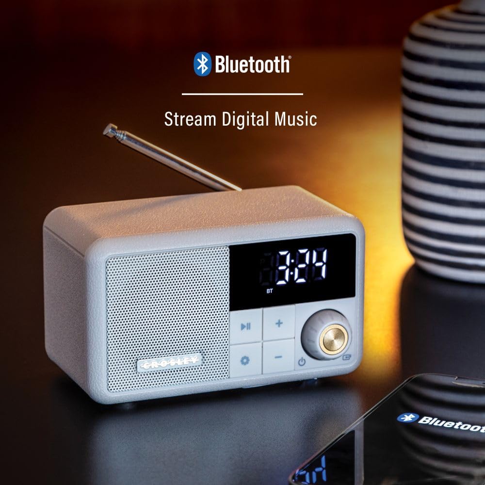 Crosley CR1121A-PB Cooper Retro AM/FM Radio, Portable Bluetooth Speaker with Aux Input and LED Display, Pebble