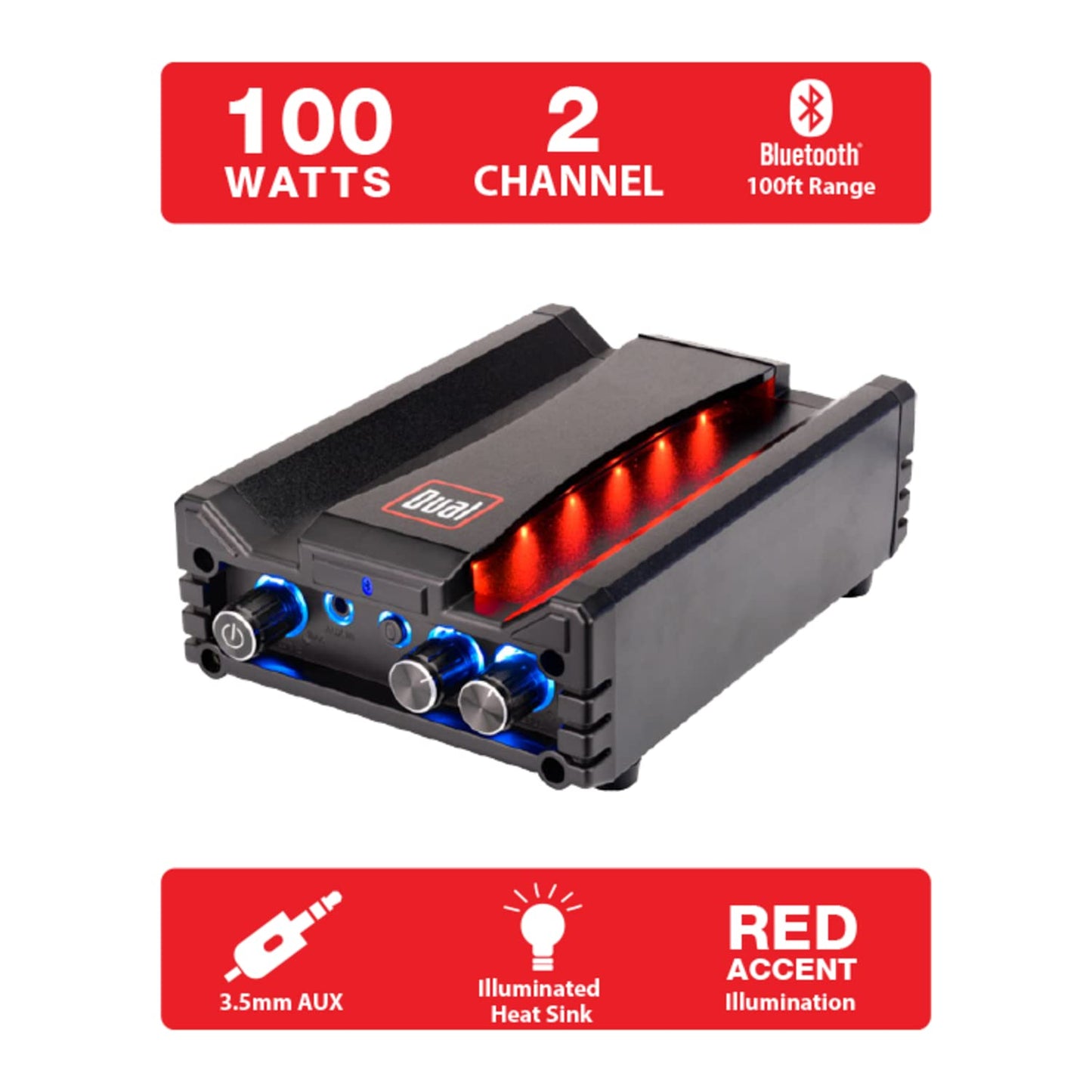 Dual Electronics DBTMA100 Black Micro 2 Channel Class-D Amplifier | 3.5 mm AUX Input | Stereo RCA Outputs | 100 Watts Peak Power | Up to 100ft