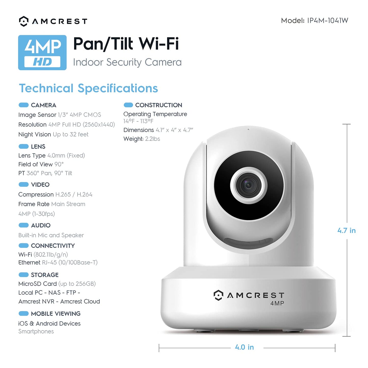 Amcrest 4MP UltraHD Indoor WiFi Camera, Security IP Camera with Pan/Tilt, Two-Way Audio, Night Vision, Remote Viewing, 2.4ghz, 4-Megapixel @30FPS