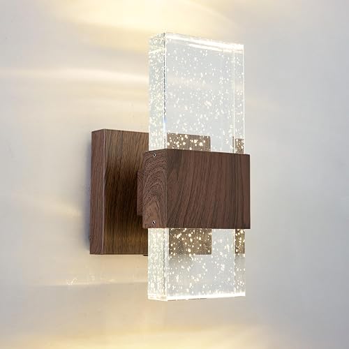 ZUIMEITIANS Bubble Crystal Wood Style Wall Sconce Walnut Finish Wall Lamp LED Sconce Rustic Wall light Fixture for Bedroom Living Room Bathroom