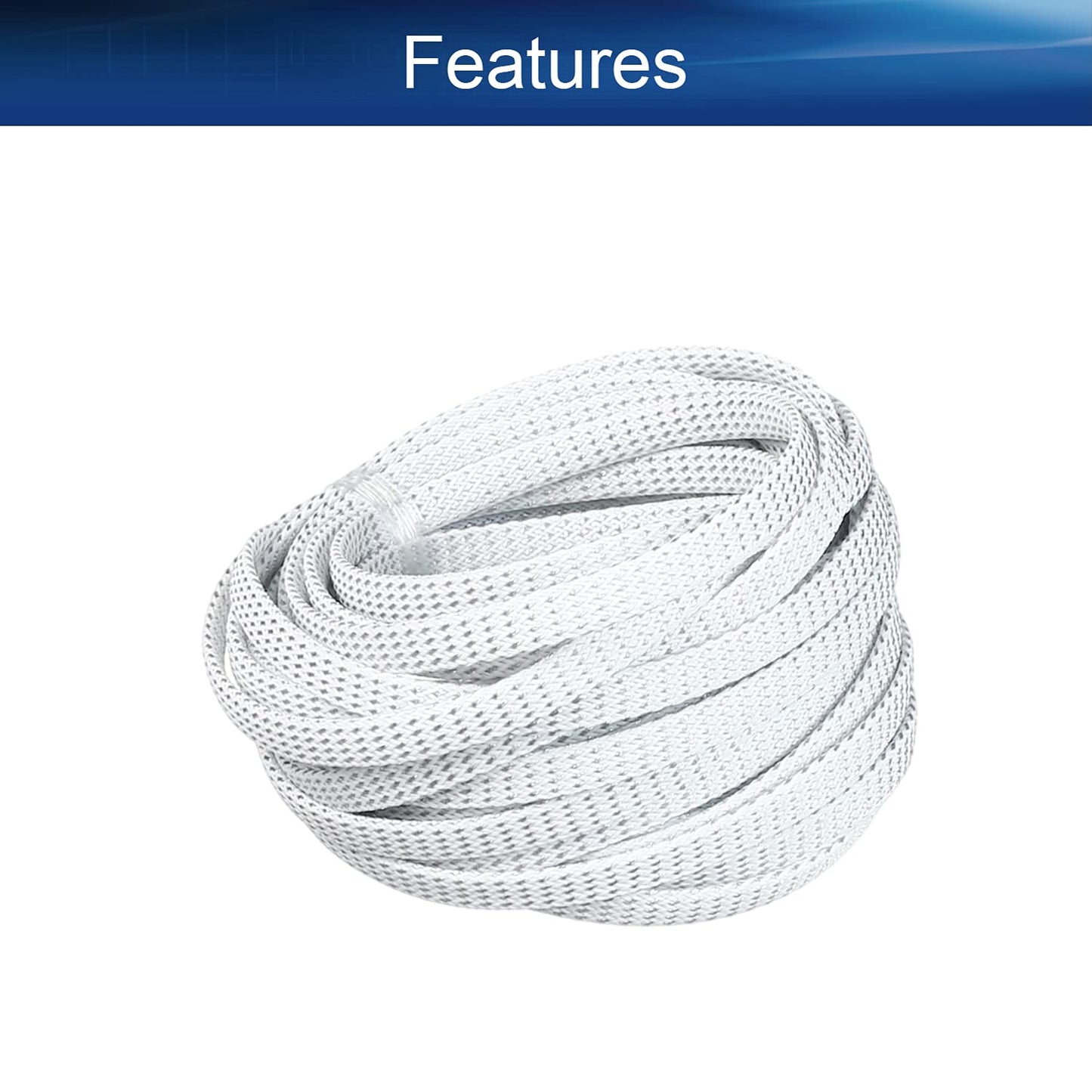 Bettomshin 1Pc 32.8Ft(10m) Cable Management Sleeve, 5/16"(8mm) Width PET Silver & White Cord Protector, Wire Loom Tube Insulated Split Sleeving