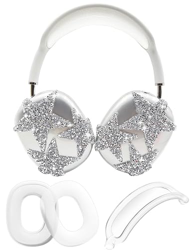 3 in 1 Bling Case Cover for AirPod Max, Clear TPU Glittering Rhinestones Stars Protective Ear Cups Covers Silicone Earpad Headband Covers Compatible