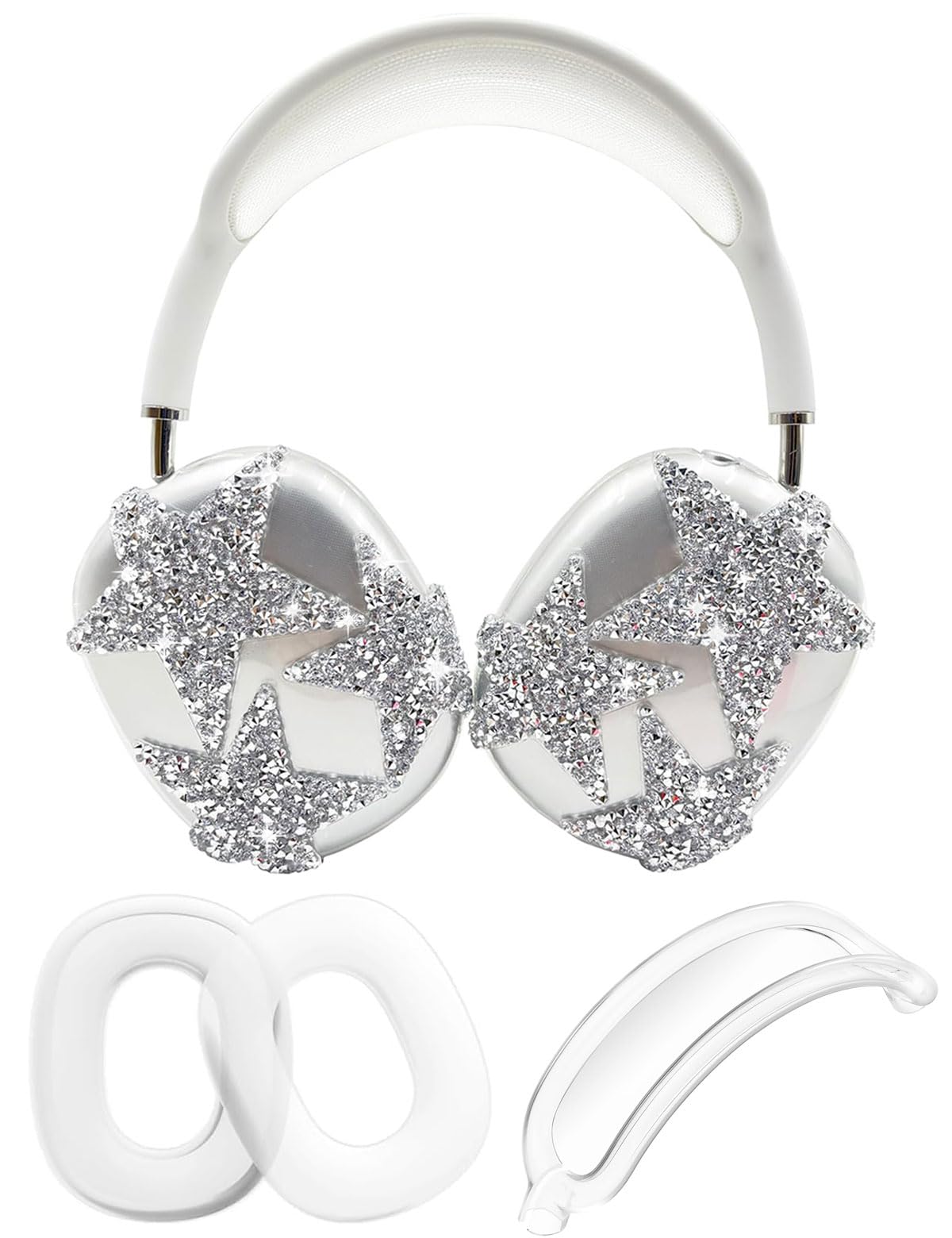 3 in 1 Bling Case Cover for AirPod Max, Clear TPU Glittering Rhinestones Stars Protective Ear Cups Covers Silicone Earpad Headband Covers Compatible
