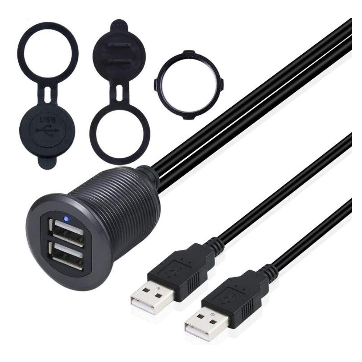 Kework 3.3ft Dual Ports USB 2.0 Flush Mount Cable, USB 2 Ports Male to 2 Ports Female Extender Dashboard Panel Mount Extension Cord for Car Truck Boat