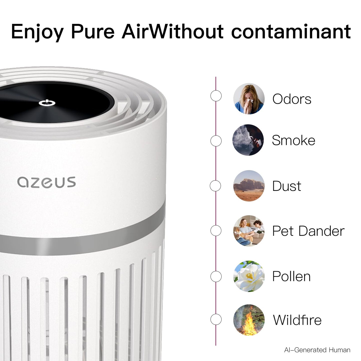 AZEUS Air Purifier for Bedroom, H13 True HEPA Filter with 24dB Ultra Quiet Air Cleaner, Covers 215 sq ft for Home Office Nursery, White