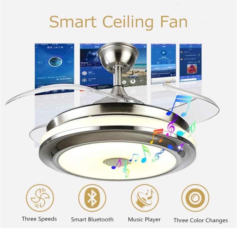 LUOLAX 36inch Modern Ceiling Fan with Lights and Bluetooth Speaker, Retractable Ceiling Chandeliers Fan with Remote Invisible Fandelier for Living