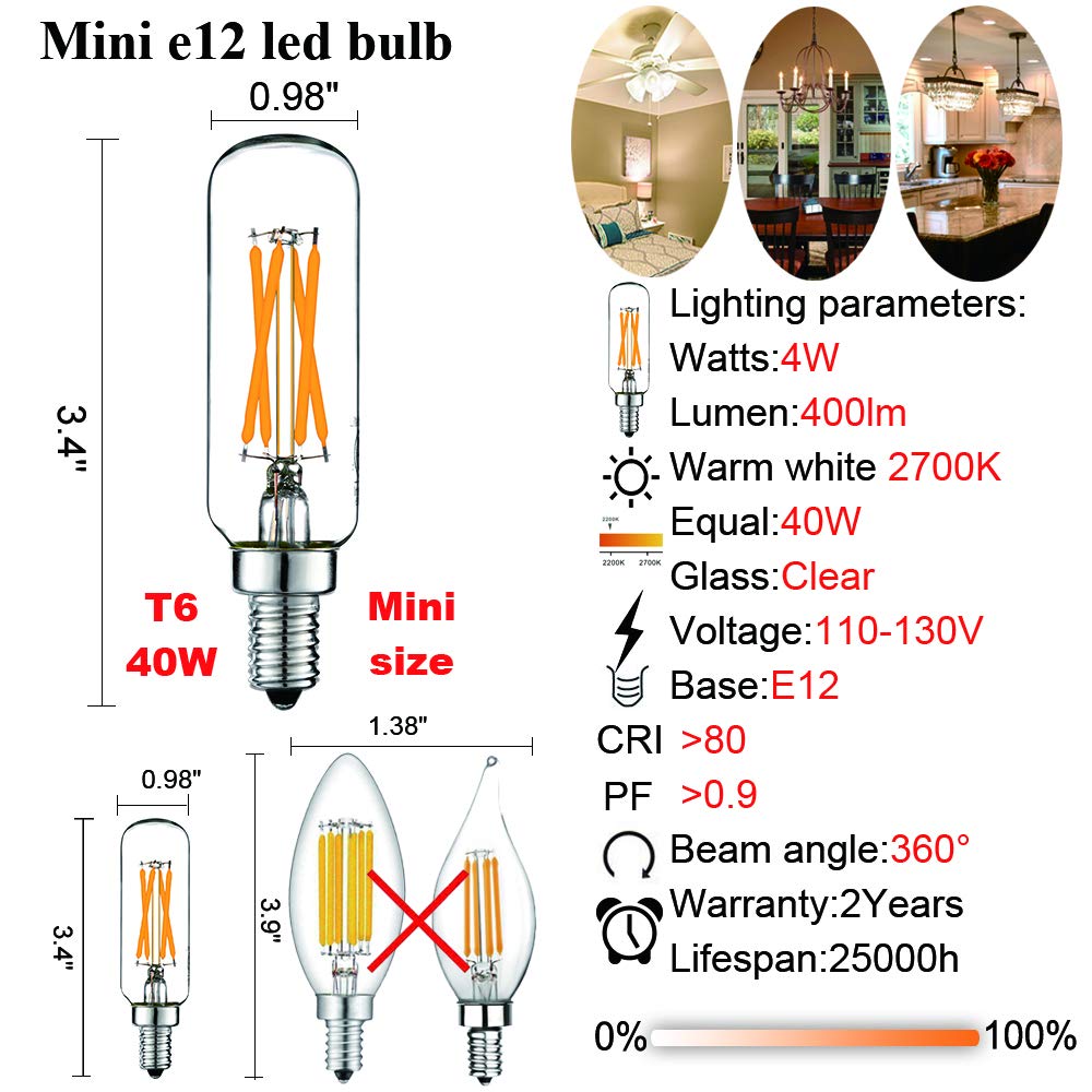 LiteHistory T6 E12 Candelabra Bulb 40 watt,Dimmable,Warm White 2700K,Clear