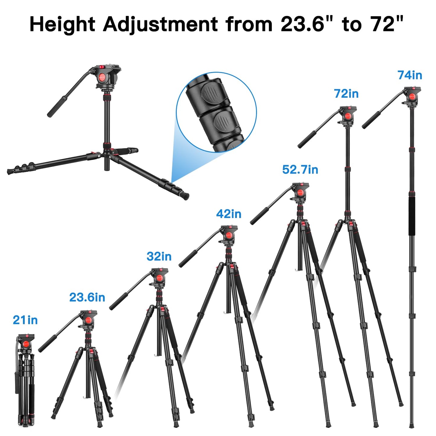Victiv Camera Tripod, 72" Video Tripod with Fluid Head, Aluminum Heavy Duty Tripod with Carry Bag, Professional Camera Tripods & Monopods, Compatible