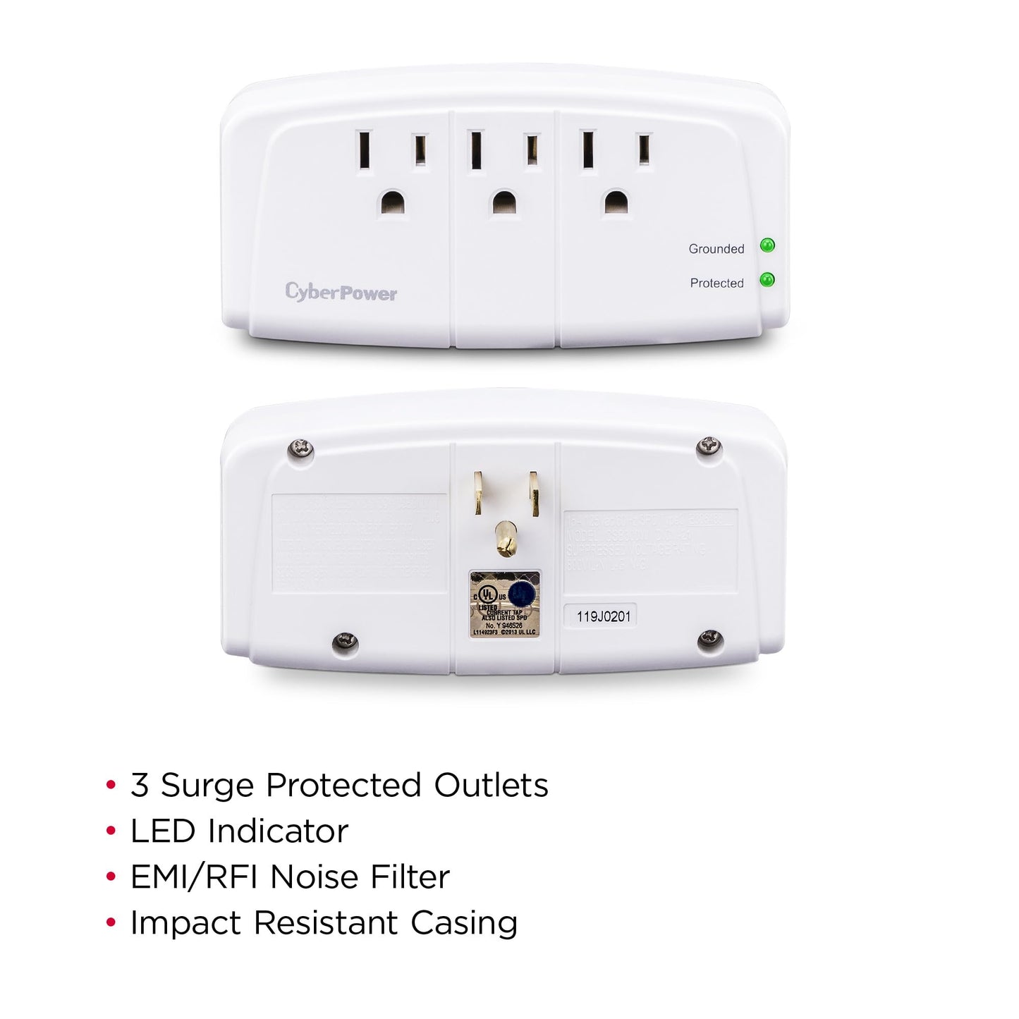 CyberPower CSB300W Essential Surge Protector, 900J/125V, 3 Outlets, Wall Tap