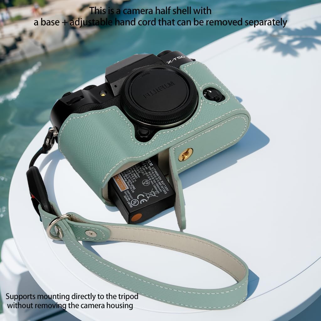 Bowan X-T50 Camera Case, Handmade Genuine Real Leather Half Camera Case Bag Cover for Fujifilm X-T50 Camera Bottom Opening Version + Hand Strap (Mint