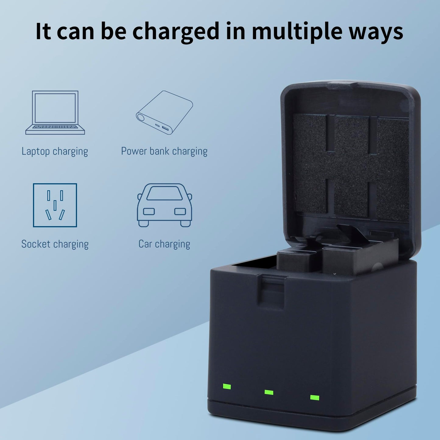 2-Pack Battery Charger for Hero 8/7/6/5 and 3-Channel Fast Charger Case, Fully Compatible with Hero 8, Hero 7, Hero 6 Black Camera Upgrade Battery