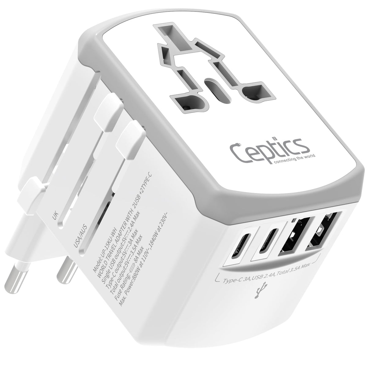 Ceptics 5 in 1 Travel Adapter Worldwide, Universal Socket, 2 USB-A + USB-C