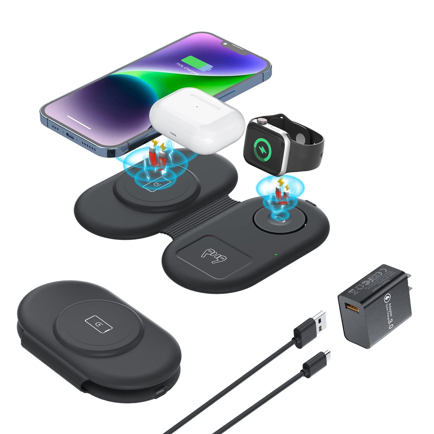 Wireless Charger 3 in 1, RELAXYO Travel Fast Wireless Charging Station for Apple, Compatible with iPhone 15 14 13 12 11 Pro/Max/XR, for iWatch