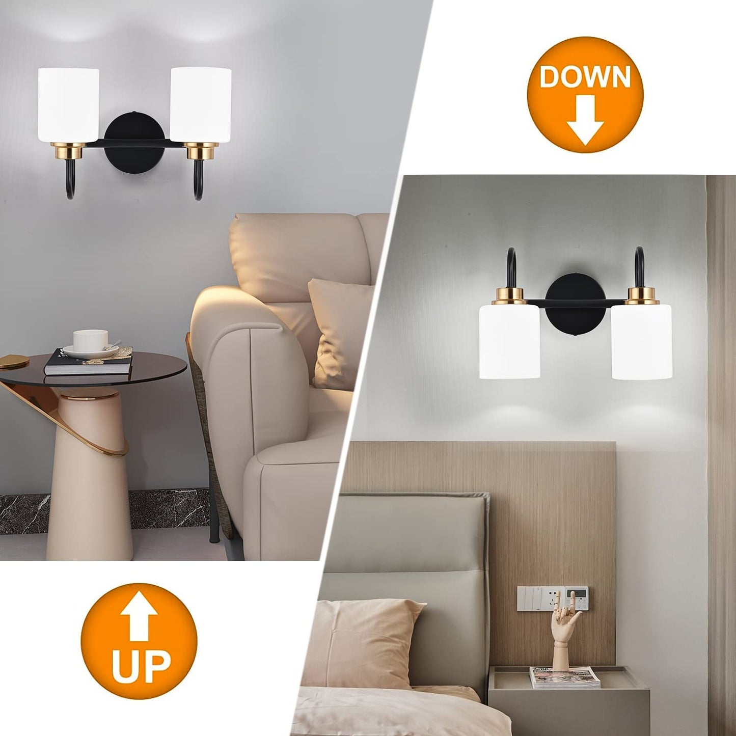 ZHUOER Modern Matte Black and Gold Bathroom Vanity Light Fixtures 2 Lights Milky Glass Wall Sconce Light Modern Vanity Lights Over Mirror(Exclude E26