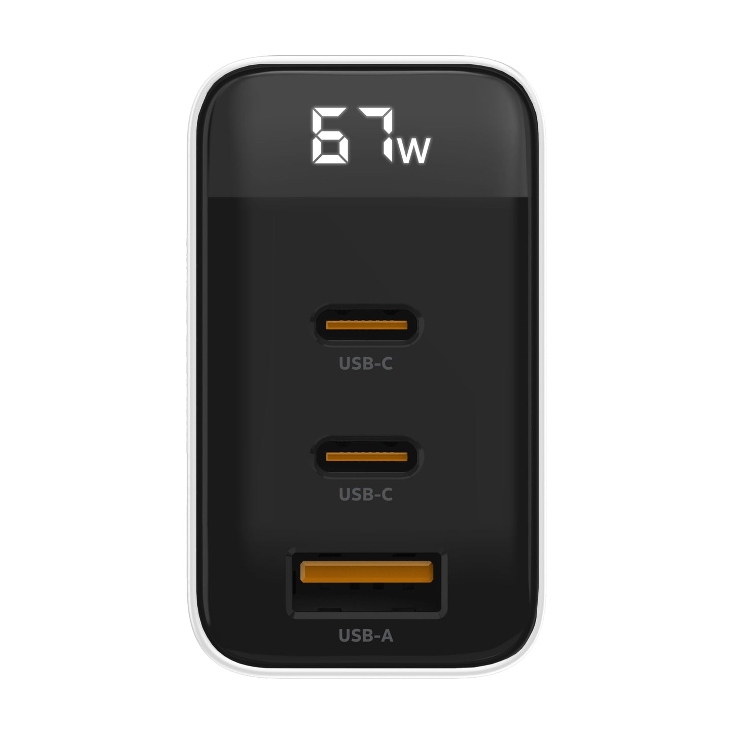 AT&T Essentials Multi Port 67W GaN Wall Charger with LED Display (2 USBC + 1 USBA) - White