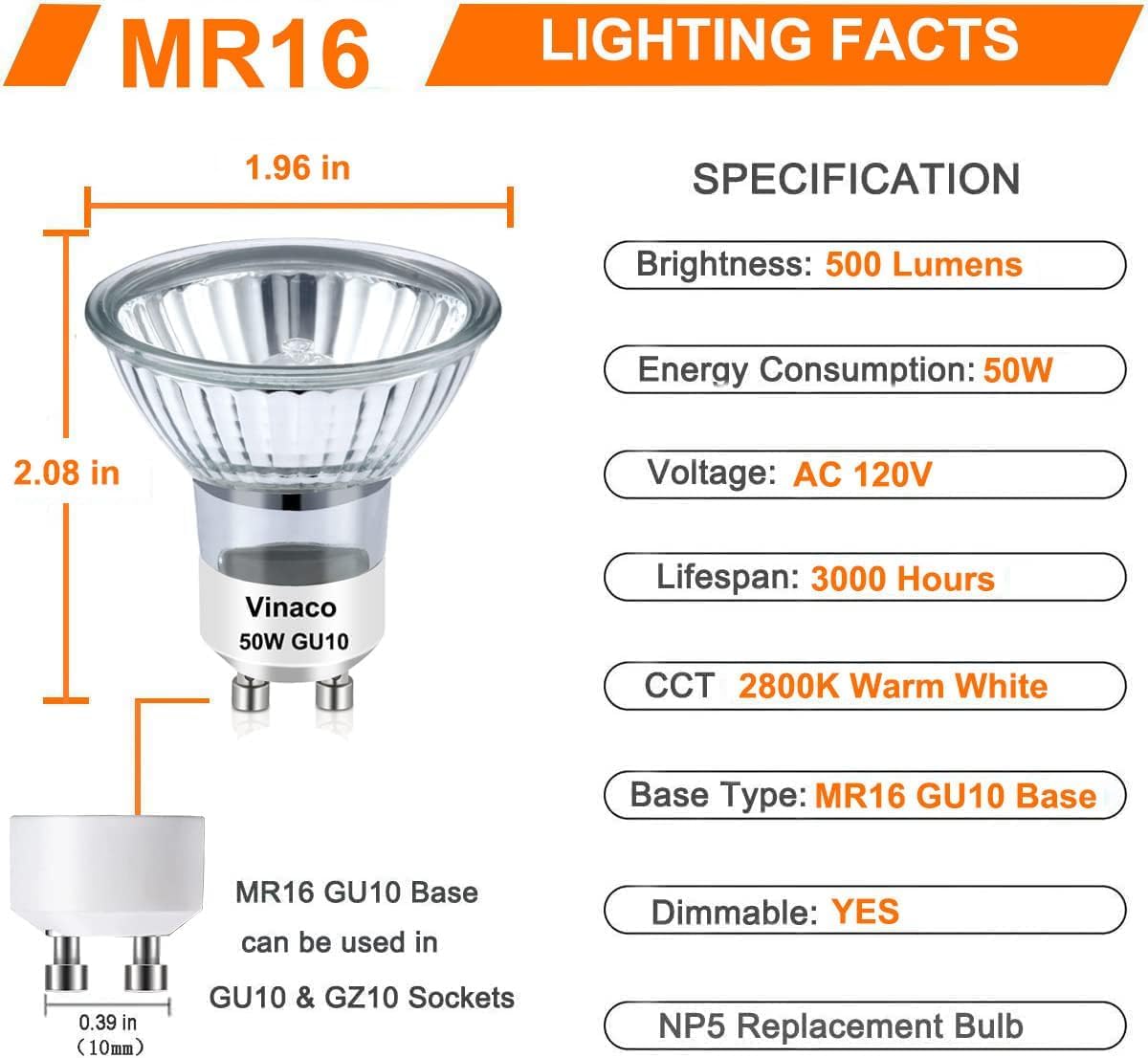 Vinaco Halogen GU10 Bulb Dimmable 50W 2800K Warm White for Candle Warmer