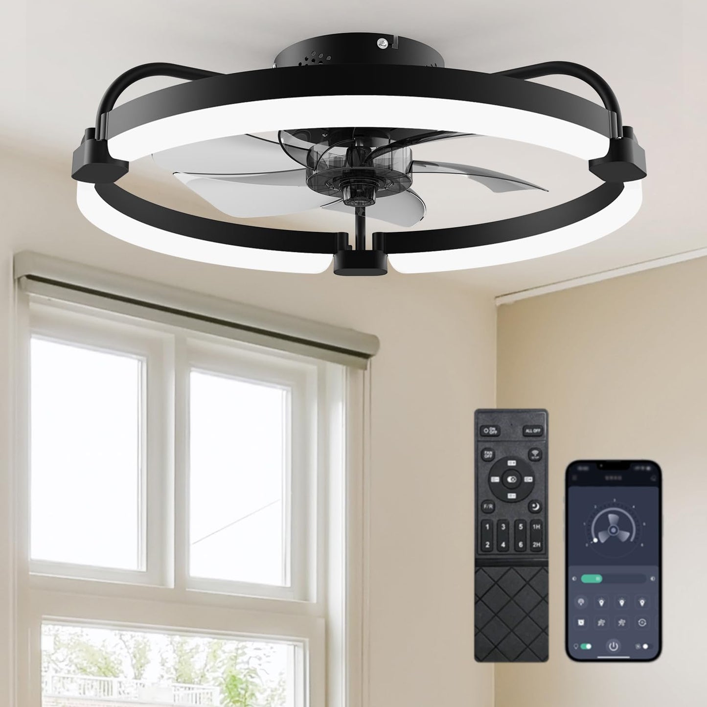 Ensenior 20 Inch Flush Mount Ceiling Fans with Lights, APP Control, Black