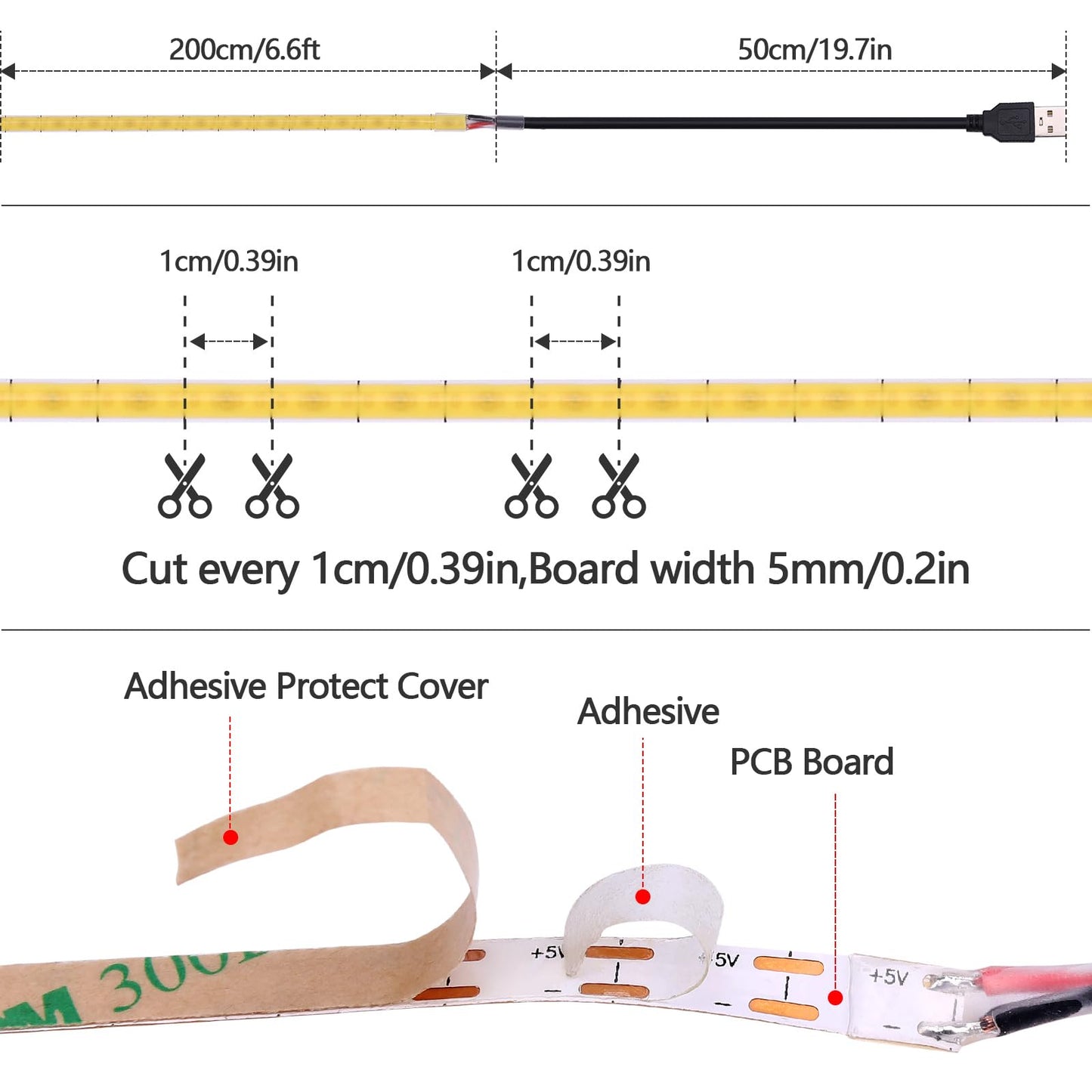 GOMING 5V COB USB LED Strip Light Natural White 4000K 5mm Width USB Powered 13.12ft/4M 400LEDs/M Flexible High Brightness IP20 Not Waterproof LED Tape
