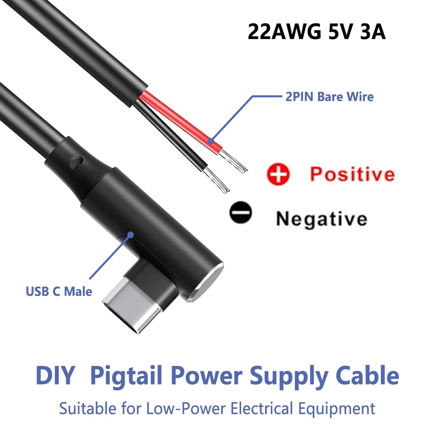 Vovucai USB C Pigtail - USB C to 2 Pin Bare Wire Open End Power Cable, 90 Degree Right Angle Type C Male Plug (1M/3FT, 22AWG 5V/3A) for DIY Repair