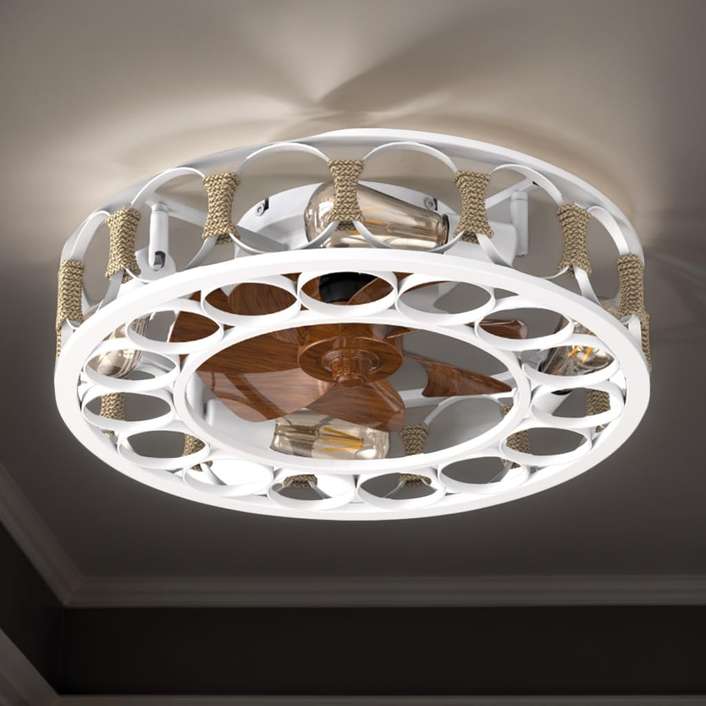 Kasiqilight 20" Caged Ceiling Fan with Light Flush Mount & Remote,White Wrought Iron Industrial, Silent Reversible Farmhouse Fans Ceiling with Light